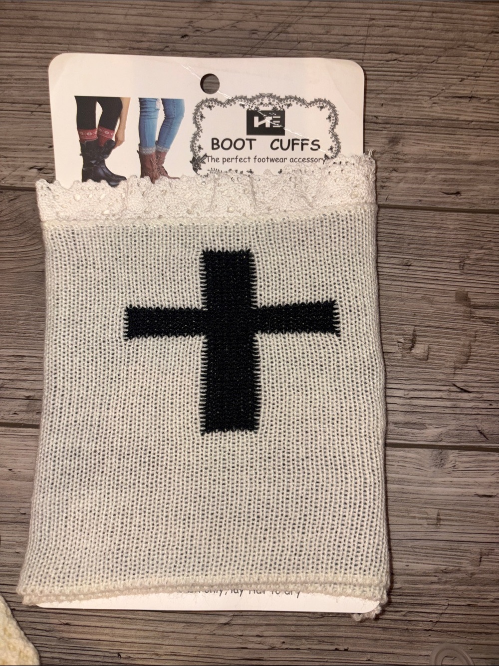NWT grey cross leg warmers with white lace trim